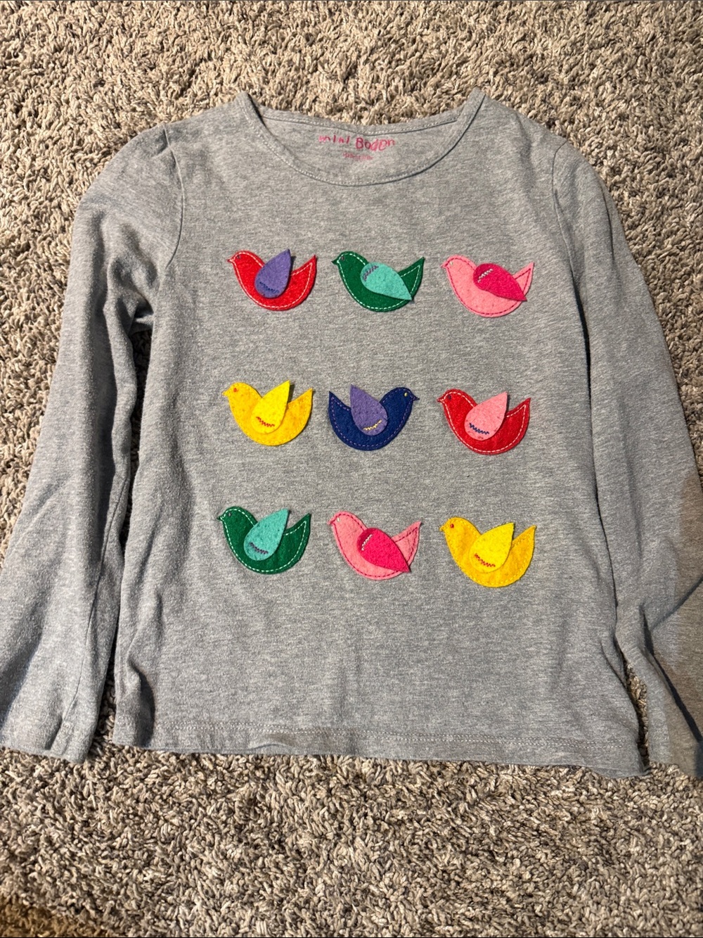Mini Boden Gray Long Sleeve Tee with Multicolor Bird Appliqués